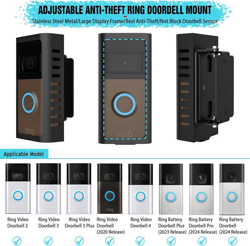 PUUUCI Store Anti-Theft Doorbell Mount with Adjustable Angle(45-135 Degrees),Upgraded Steel Metal Bracket for Ring Battery Video Doorbell 2/3/4/(2020 Release)/(2024 Release)/Plus/Pro Cover Holder Not Block Sensor - Image 2